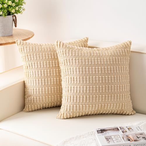 Aegero Pack of 2 Corduroy Decorative Throw Pillow Covers 18x18 Inch, Beige by Unknown