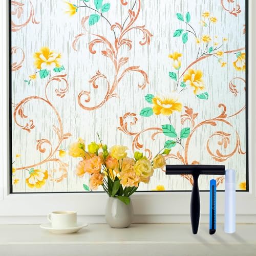 Volcanics Stained Glass Window Film, Frosted Glass Window Privacy Film, Decorative Window Clings, Floral Design Static Cling Sun Blocking Tint for Bathroom, 17.5 x 78.7 Inch by Volcanics