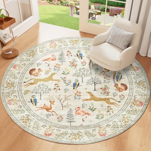 DUKINO 4ft Round Rug, Washable Animal Small Round Area Rug Non Slip, Beige - Image 4