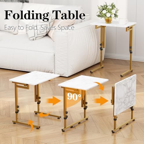 Folding tv Tray Dinner Snack Table,6 Height Adjustable Slide Under Couch Side Table, Portable Small Foldable C-Shaped End Table for Eating with Sturdy MDF Top,No Assembly(White Marble+Gold) - Image 4