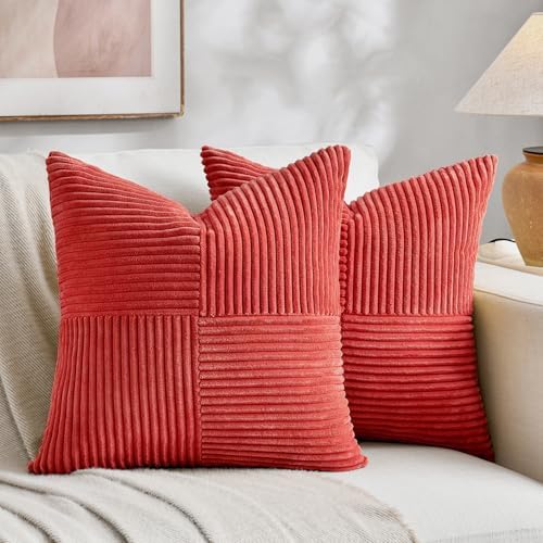 Fancy Homi 2 Packs Red Decorative Throw Pillow Covers 22x22 Inch for Living Room Couch Bed Sofa, Holiday Christmas Home Decor Gift, Soft Corss Corduroy Patchwork Accent Square Cushion Case 55x55 cm by Fancy+Homi