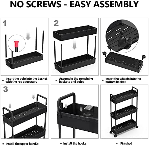 SOLEJAZZ Slim Rolling Storage Cart Skinny Bathroom Organizer, 3 Tier, Black - Image 7