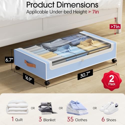 Yecaye Under Bed Storage with Wheels, 2 Pack Under Bed Storage Containers, 60L Underbed Shoe Storage with Clear Window & Label, Rolling Under Bed Metal Drawer for Clothes, Shoes, Books, Blankets, Blue - Image 2