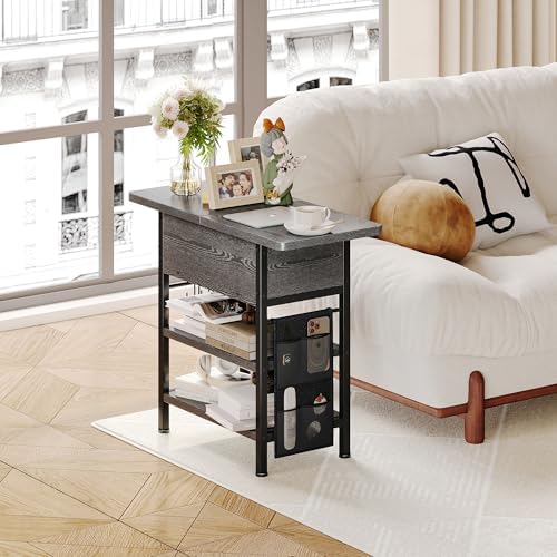 End Table with Charging Station, Flip Top Nightstand with USB Ports and Outlets,Couch Side Table with Fabric Bag and Hooks, Bedside Table for Space Saving, Living Room, Bedroom (Grey) - Image 2
