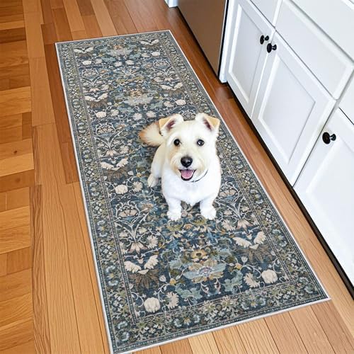Washable Vintage 2x6 Bathroom Rugs: Soft Carpet with Non-Slip Backing for Hallway Entryway Kitchen Stain-Resistant Bedroom Floor Mat – Gifts for Newlyweds/Household Home Decor (2x6,Floral/Blue) by HYHAOYUNLAI
