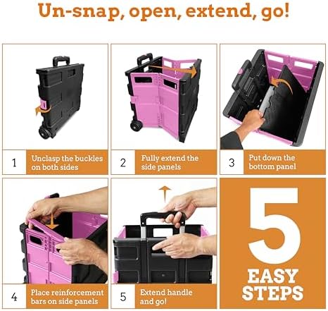 Inspired Living Ultra-Slim Rolling Collapsible Storage Pack-N-Roll Utility-carts, with Telescopic Handle, for Home, Garden, Shopping, Office, School use, Medium, Pink & Black - Image 6