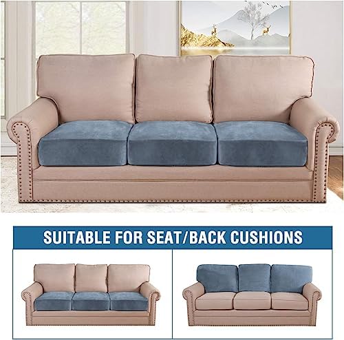 H.VERSAILTEX Velvet Stretch Couch Cushion Cover Plush Cushion Slipcover for Chair Loveseat Sofa Cushion Furniture Protector Seat Cushion Sofa Cover (2 Piece Large Sofa Cushion Covers, Stone Blue) - Image 3