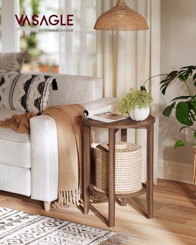 VASAGLE Round Side End Table, 2-Tier Boho Bedside Table with Rattan-Look - Image 2