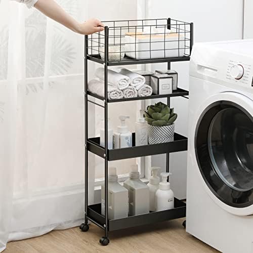 KINGRACK 4 Tier Slim Rolling Cart, Metal Utility Storage Cart with Wheels | 5.7" Raised Edge, Narrow Space Trolley Organizer for Bathroom, Kitchen, Office, Dorm, Laundry, Living Room, Black - Image 3