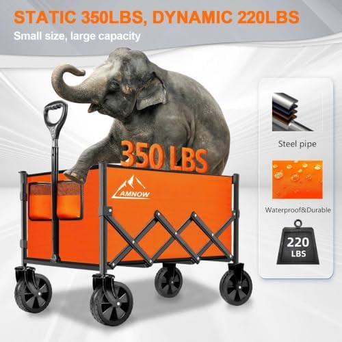 AMNOW 100L Collapsible Wagon Cart with All Terrain Wheels, 350LBS, Orange - Image 2