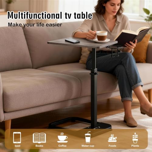 facka Adjustable Gray TV Tray Table with Rounded Metal Corners, C-Shaped Snack Table for Couch, Sofa, Bed or Chair, Small Space Side Table for Eating, Dinner, or Laptop Use - Image 5