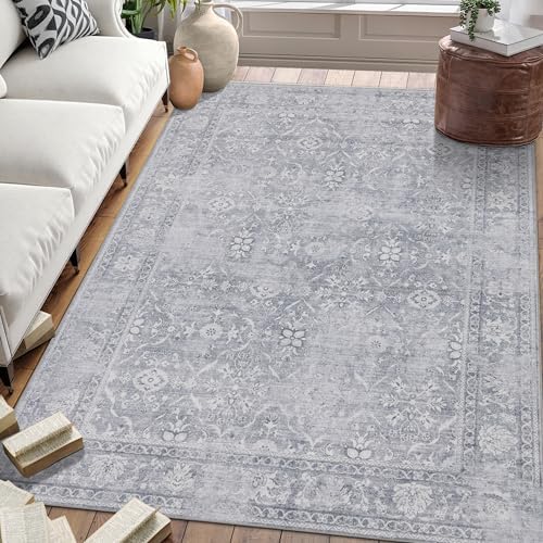 ReaLife Rugs Machine Washable Area Rug Runner - Living Room Bedroom Bathroom Kitchen Entryway Office - Padded Low Pile Stain Resistant Premium - Boho Farmhouse Vintage - Noor - Silver Ivory 3' x 5' by ReaLifeRugs