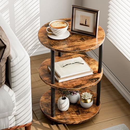XBurmo Small Round Coffee Table - 3 Tier Design Accent Table, Narrow Side or Bedside Stand, Industrial Vintage Nightstand for Bedroom, Living Room, or Small Spaces, Rustic Brown by XBurmo