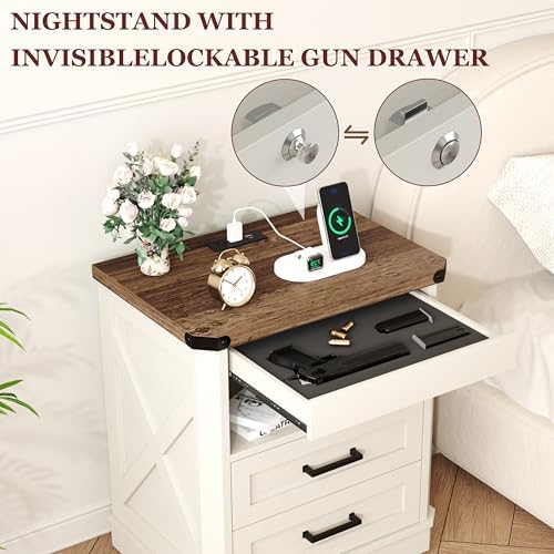 Yusong Farmhouse Night Stand with Gun Drawer & Invisible Lock, Rustic Wooden Night Stand with Charging Station, Beside Table with Drawers and Open Storage, End Tables for Bedroom, (White 004) - Image 5