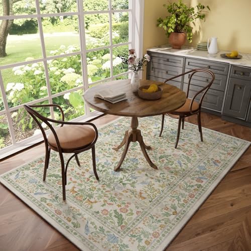 Washable Area Rugs for Living Room: 5x7 Bedroom Rug Vintage Rugs Stain Resistant Non Slip Low Pile Lightweight Soft Carpets Rugs for Dining Room Kitchen Nursery Kids Room Farmhouse Living Room - Image 6