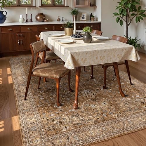 Washable Area Rug 9' x 12' Vintage Traditional Persian Mat - Foldable Distressed Non-Slip Machine Washable Carpet for Living Room Bedroom Kitchen Home Decor - Bronze and Ivory - Image 3