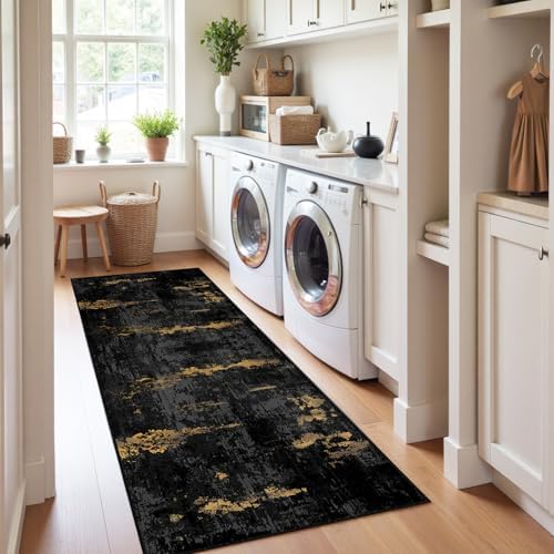 RELEANY Washable Runner 2'x6' Abstract Area Rug for Hallway Black Gold - Image 3