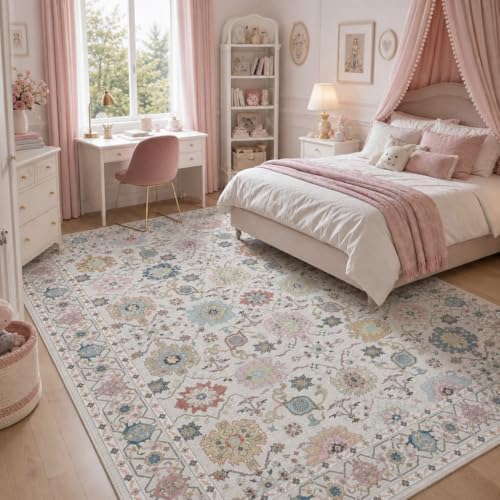 AMADA HOMEFURNISHING 8x10 Area Rug for Living Room, Vintage Washable Area Rug Low-Pile & Non-Slip Carpet for Bedroom Dining Room Nursery Home Office, Beige/Multi - Image 2