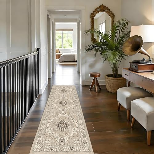 Washable 2x7 Hallway Runner Rug, Vintage Non-Slip Low Pile Rugs Beige - Image 3