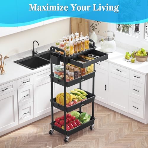 SUNALLY 4 Tier Rolling Cart with Drawer, Craft Storage Cart Organizer,Black - Image 6