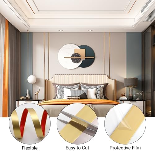 Gaahing 196.8" x 1.5" Brushed Gold Molding & Wall Trim, Flexible Peel and Stick Decorative Strip for Tile, Mirror, Ceiling, Floor, Panel, Cabinet - Image 6