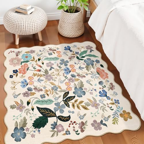 Floral Square Area Rugs for Family: Washable 5x5 Scalloped Carpet for Living Room Bedroom Soft Water Resistant Floor Mat with Non Slip Backing for Kitchen Nursery Dorms Farmhouse Home Decor(5x5,Cream) - Image 2