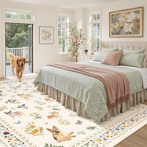 Soalmost Dog 9x12 Area Rugs for Living Room, Washable Animal Soft Rug Beige - Image 3
