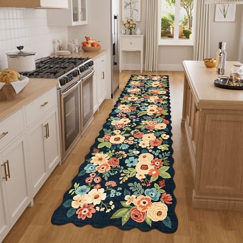 DUKINO 2x8 Washable Runner Rug, Floral Non Slip Kitchen Rugs, Navy Blue by DUKINO