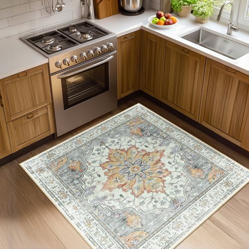 RELEANY Washable Area Rug, Square 4'x4', Beige/Carbon Grey/Orange by RELEANY