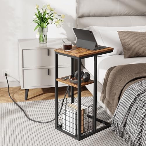 Vagusicc C Shaped End Table with Charging Station, Side Table for Couch, Small Side End Table for Small Spaces, 28" High Slide Under Sofa Table for Coffee, Tv Tray Table for Living Room, Rustic Brown - Image 6
