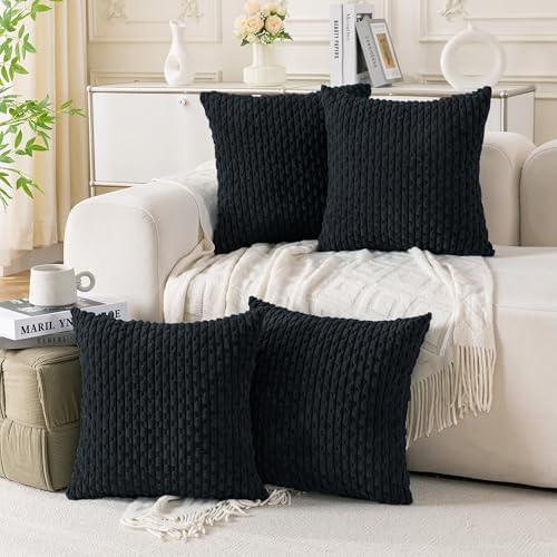 Set of 4 Black Decorative Throw Pillow Covers 20x20 Inch Corduroy Pillow Covers for Bed Couch Sofa Living Room Soft Square Cushion Cases by Cozoomy