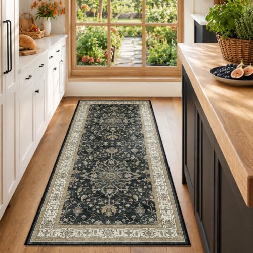 RELEANY Washable Area Rug, Runner 2'x6', Black/Vintage/Beige by RELEANY