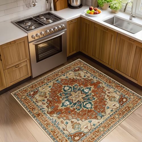 RELEANY Washable Area Rug, Square 4'x4', Red/Orange/Blue/Brown by RELEANY