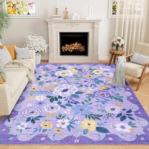 DUKINO 6x9 Area Rugs, Floral Washable Rug for Bedroom Non Slip, Purple by DUKINO