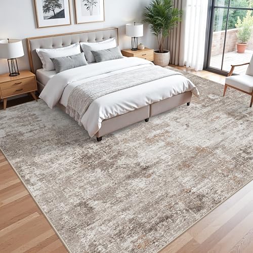 12x12ft Square Living Room Rug – Non-Slip Washable Extra Large Floor Carpet for Bedroom, Dining Room, Playroom Room – Modern Abstract Neutral Thin Low-Pile Big Indoor Rug (Beige Grey) - Image 2