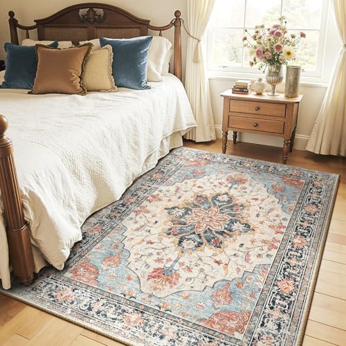 RELEANY Washable Area Rug, 4'x6', Beige/Blue/Orange - Image 3