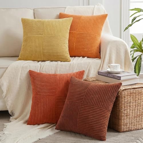 Fancy Homi Set of 4 Boho Fall Decorative Throw Pillow Covers 18x18 Inch for Couch Bed Sofa Bedroom, Modern Farmhouse Home Decor, Soft Cross Striped Corduroy Patchwork Colorful Cushion Case 45x45cm by Fancy+Homi
