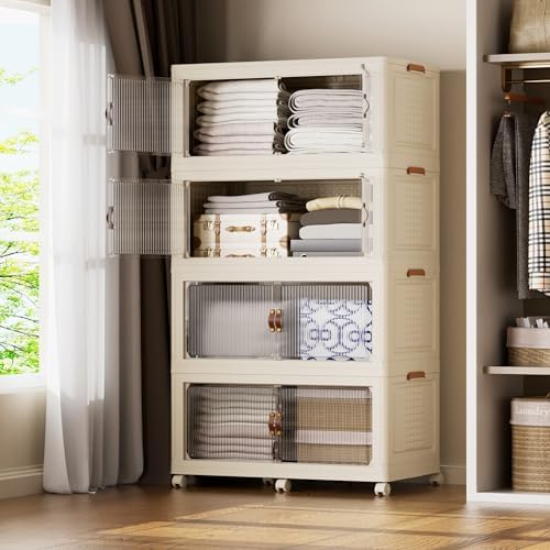 SAILUN 760Qt Stackable Storage Bins,Storage Cabinet with a Lid,4 Pack Cream by SAILUN