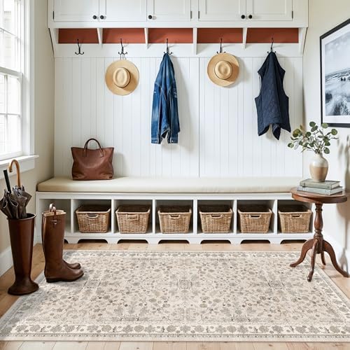 3x6 Kitchen Runner Rug Non Slip Washable - Soft Low Pile Stain-Resistant Wide Carpet Runner for Hallway Entryway Bedroom Bathroom with Rubber Backing - Boho Floral Door Mat(Beige,3x6) - Image 4