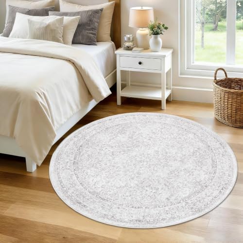 Round Rugs 4ft Vintage Floral Small Circle Rug, Washable Non Slip Soft Low Pile Stain Resistant Carpet for Living Room Bedroom Entryway Dining Room (FloralGrey, 4' Round) - Image 2