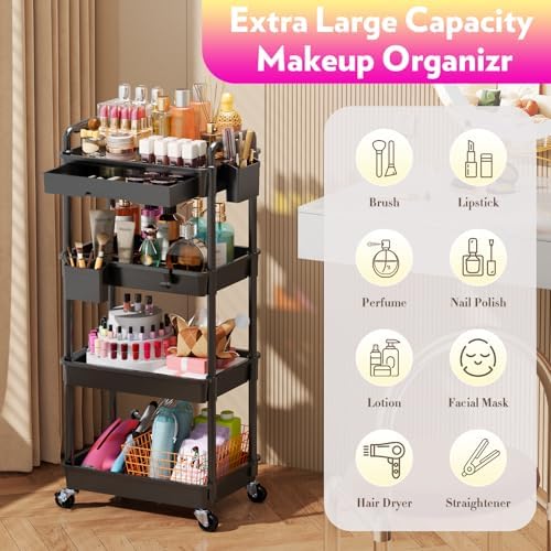 SUNALLY Makeup Cart Organizer with Drawer,4 Tier Rolling Makeup Cart, Black - Image 4