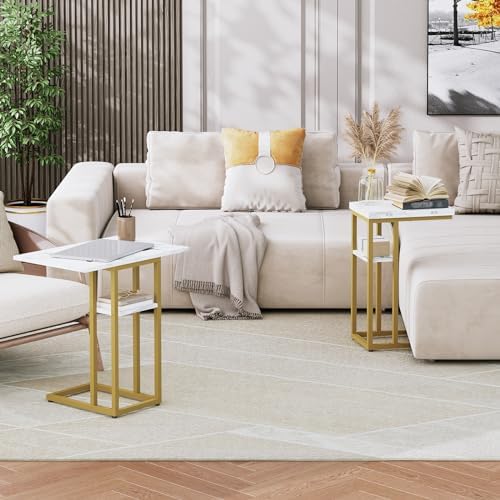 HOOBRO Foldable C Shaped End Table, C Shaped Side Table with Storage Shelf, Slide Under Couch Table for Sofa, Small Spaces, for Living Room, Bedroom, Easy Assembly, Gold DM29SF01 - Image 2