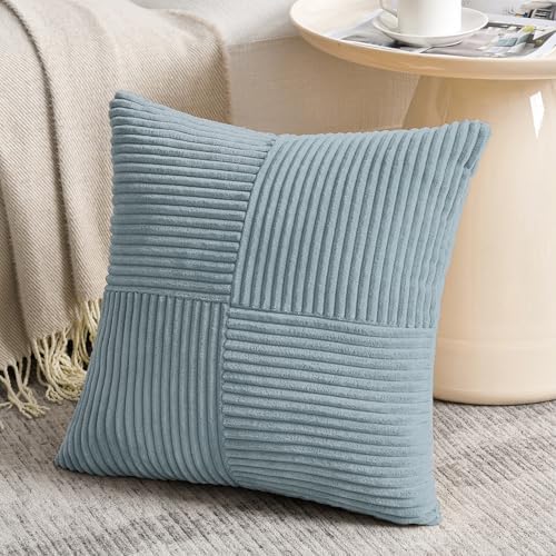 Fancy Homi Set of 2 Light Blue Samll Decorative Throw Pillow Covers 12x12 Inch with for Couch Bed Sofa Living Room, Soft Cross Patchwork Striped Corduroy Coastal Blue Square Cushion Case 30 cm - Image 2