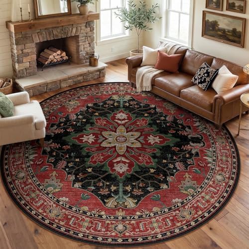 RELEANY Washable Area Rug, Round 8ft, Red/Black by RELEANY