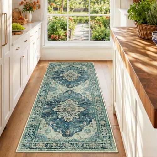 RELEANY Washable Area Rug, Runner 2'x6', Blue/Vintage Dark Blue by RELEANY