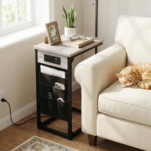 AMHANCIBLE C Shaped End Table with Charging Station, TV Tray - Image 2