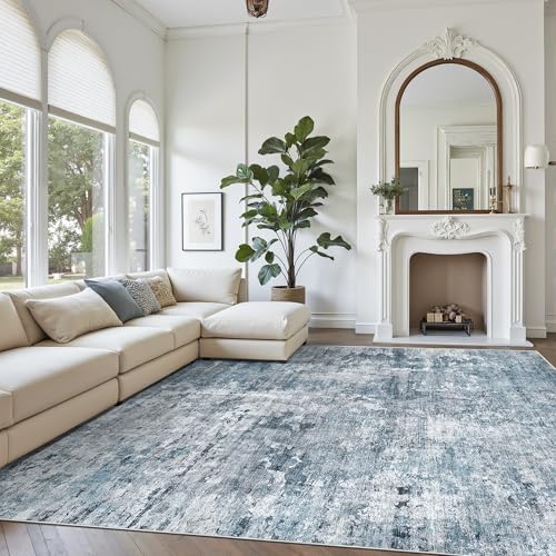 Soalmost 9x12 Area Rugs for Living Room Washable Rug Abstract Blue/Grey - Image 2
