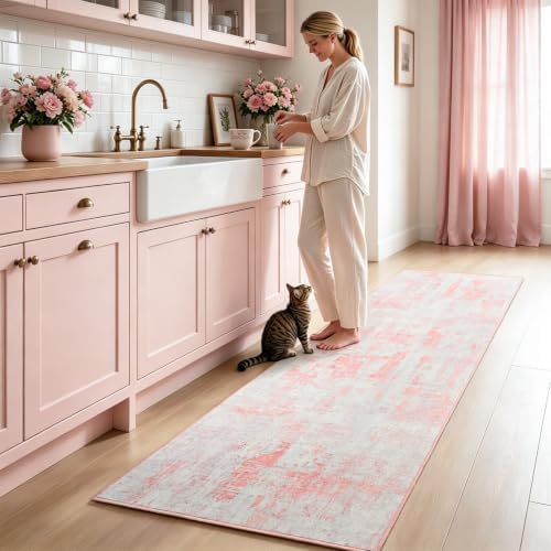 Toneed Washable 2x6 Non-Slip Runner Rug for Hallway Kitchen, Pink Grey by Toneed
