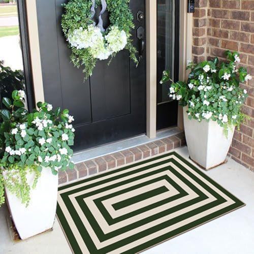 Front Door Mat Indoor Outside Entrance, 2x3 Green White Modern Rug - Image 4
