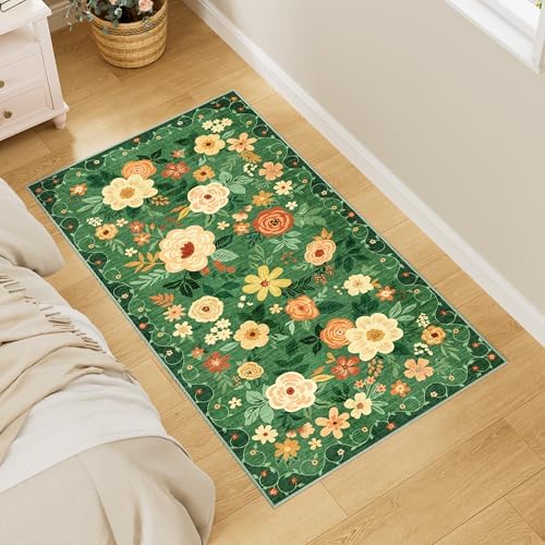 DUKINO 2x4 Entryway Rug, Floral Washable Kitchen Rugs Non Slip, Dark Green - Image 2